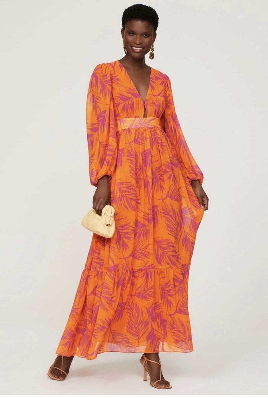 TOCCIN x RTR Orange Palm Print Maxi Dress Size 2 with Fabric Pull and discolorat